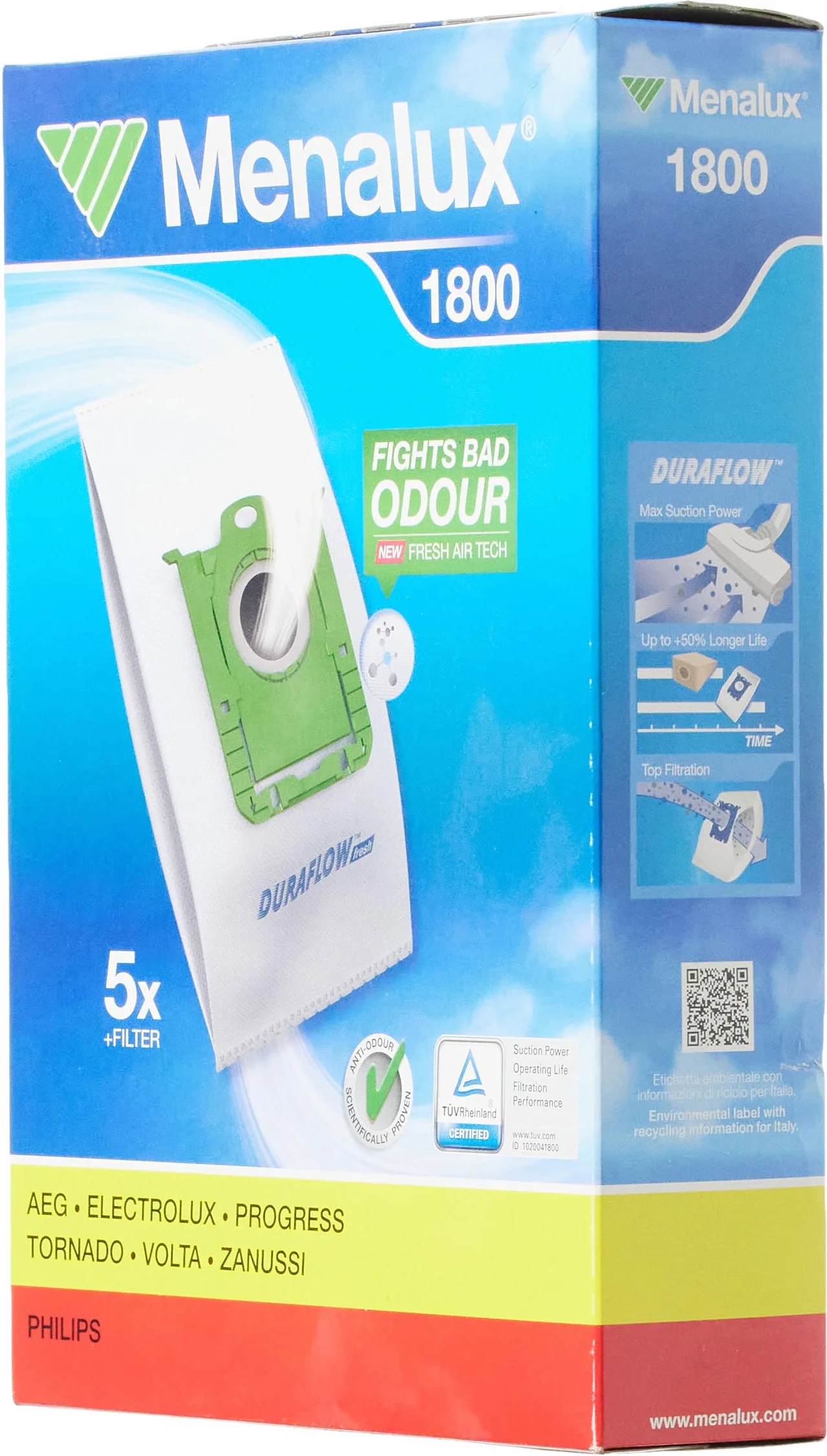 Menalux 1800, 5 worków do odkurzacza, Duraflow fresh z powłoką zapobiegającą dour, pasuje m.in. do worków s-bag, UltraSilencer, ClassicSilence, ASP 71, APF 61, Essensio, ErgoClassic, US, ACS, AEO, AP