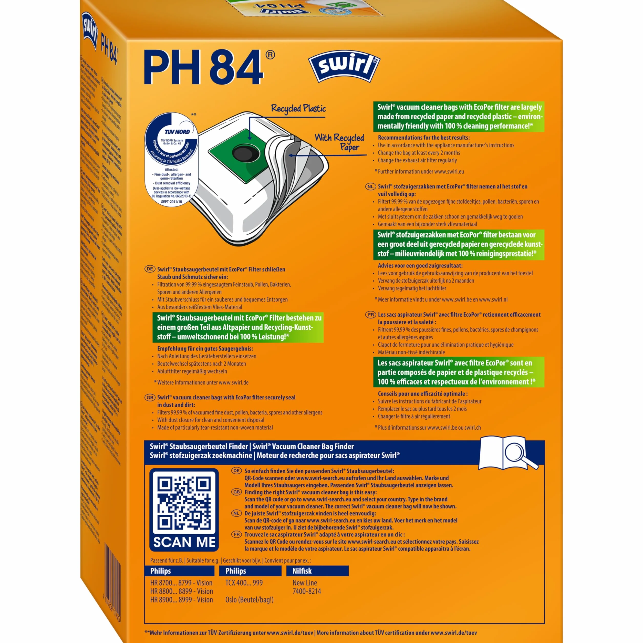 Swirl® PH 84 EcoPor® worki do odkurzacza Philips i Nilfisk, 4 worki, białe