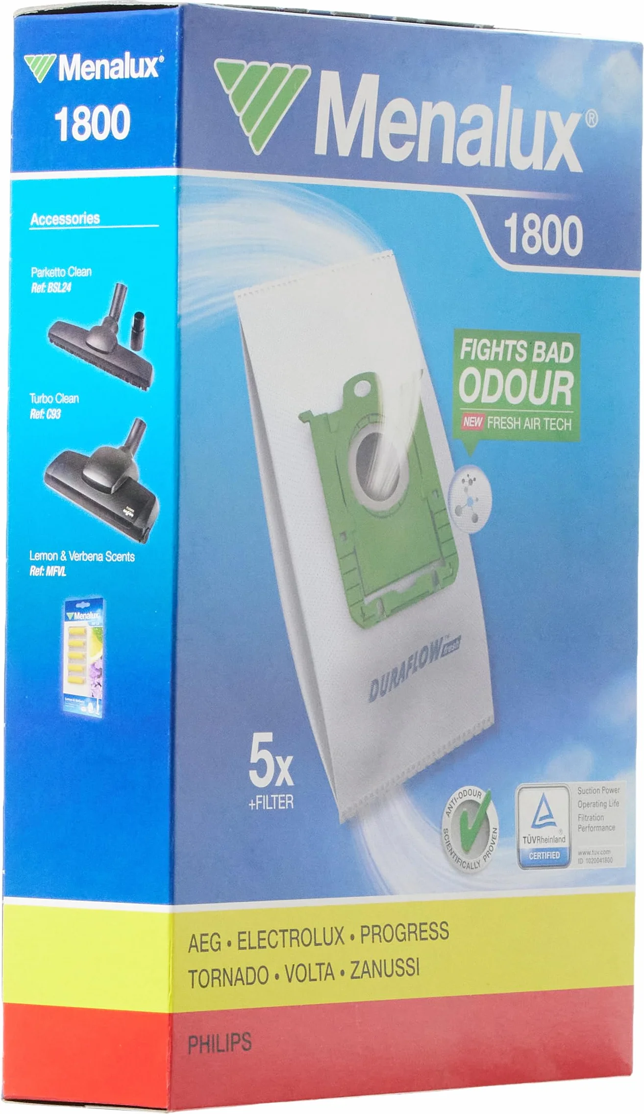 Menalux 1800, 5 worków do odkurzacza, Duraflow fresh z powłoką zapobiegającą dour, pasuje m.in. do worków s-bag, UltraSilencer, ClassicSilence, ASP 71, APF 61, Essensio, ErgoClassic, US, ACS, AEO, AP