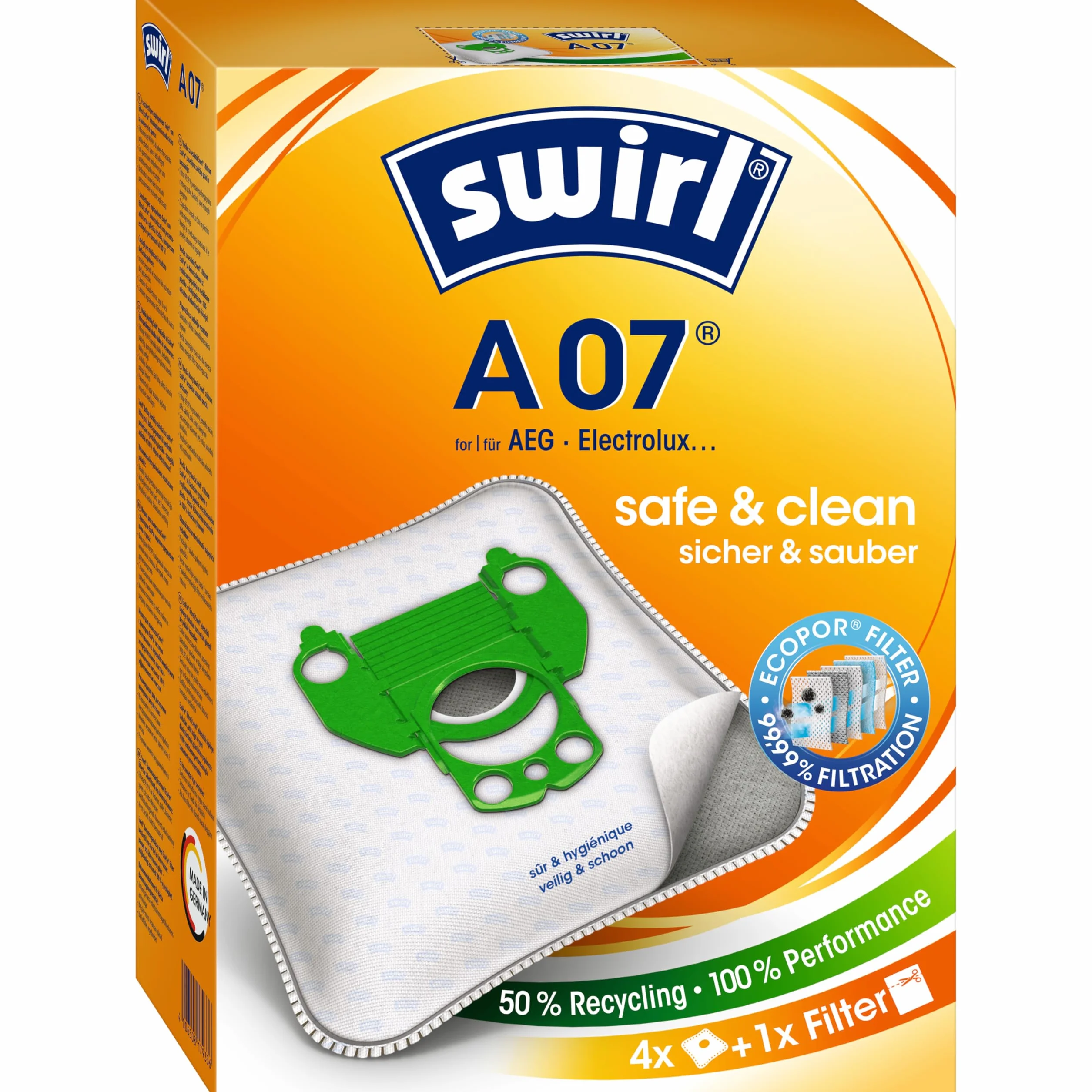 Swirl A 07 MicroPor Plus worki do odkurzacza AEG, Electrolux, Progress, Volta, filtr antyalergiczny, 4 sztuki z filtrem, biały/bogaty ogród