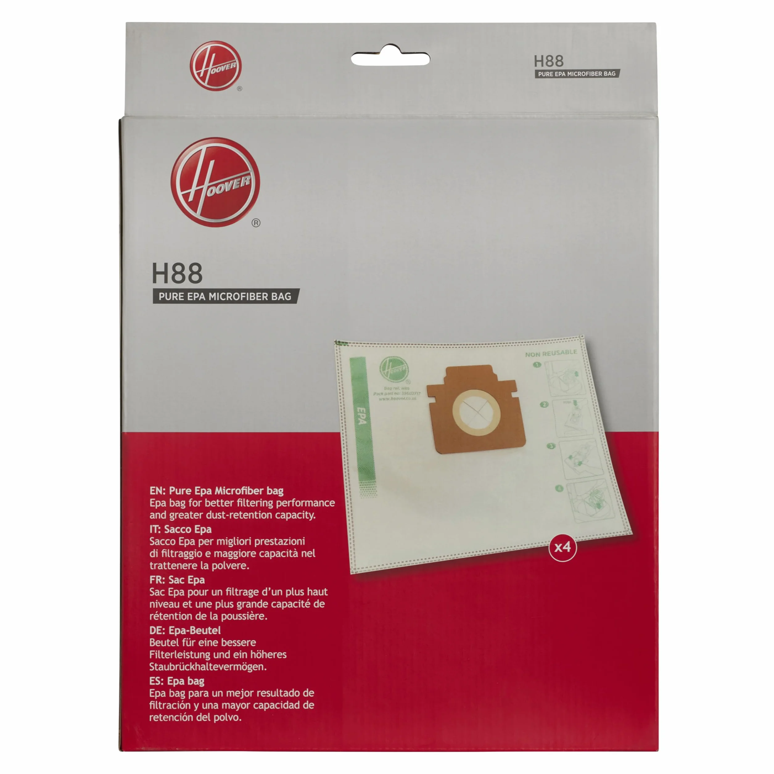 Hoover Worki do odkurzacza H88, oryginalne, z mikrofibry, czysta EPA, antyzapachowa, dodatkowe filtrowanie, kompatybilne z Hoover H-ENERGY 500, 4 sztuki