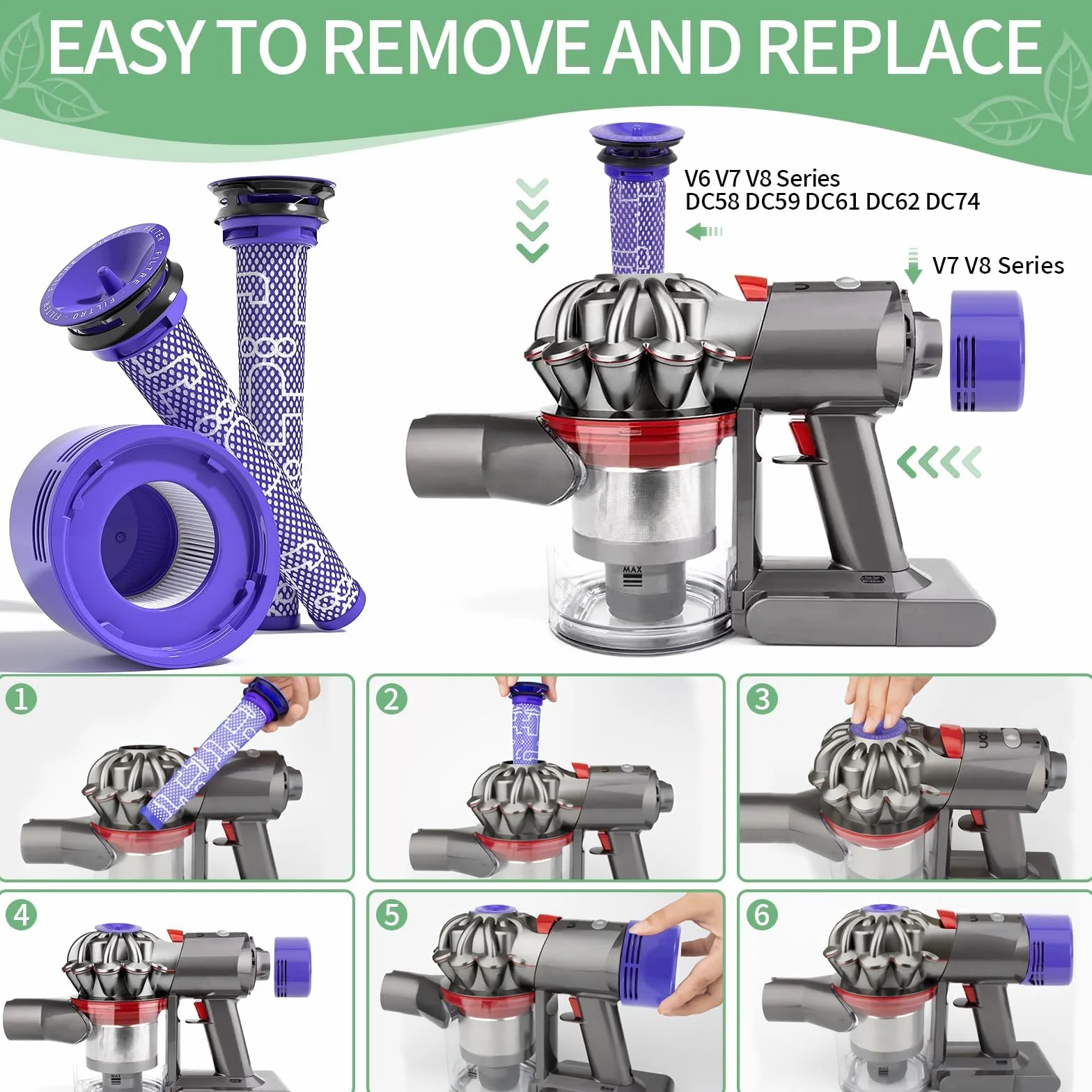 CIRULLI Filtry do Dyson V8, 10 filtrów do odkurzaczy doDyson V7 V8 Series, 4 filtry HEPA Post i 4 filtry wstępne, 2 szczotki czyszczące,zamienne do odkurzacza nr 965661-01 i 967478-01 Filtr