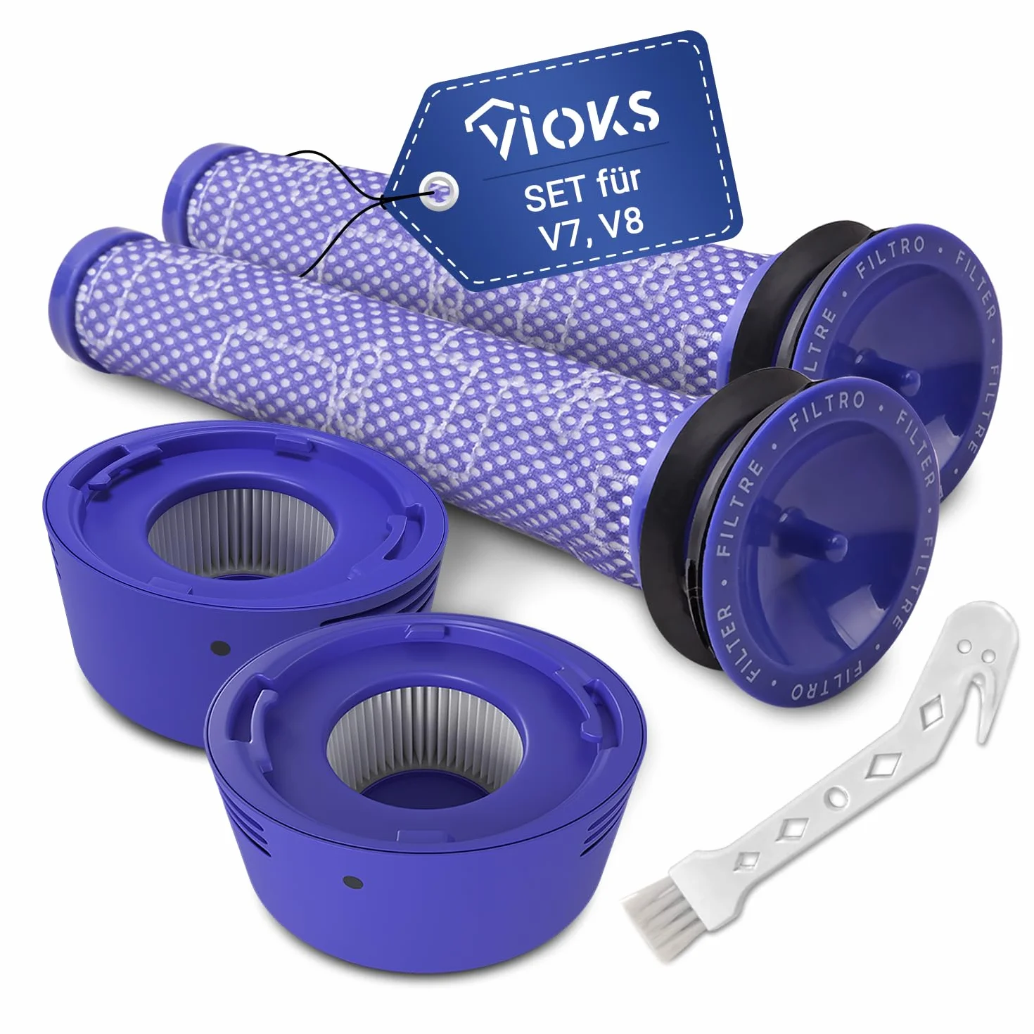 VIOKS Zestaw 2 filtrów przedsilnika zamiennego do odkurzacza Dysоn 965661-01 + 2 x filtr wylotowy do filtra Dysоn Hepa 967478-01 + szczotka - filtr do odkurzacza V7 V8 Absolute Motorhead Animal