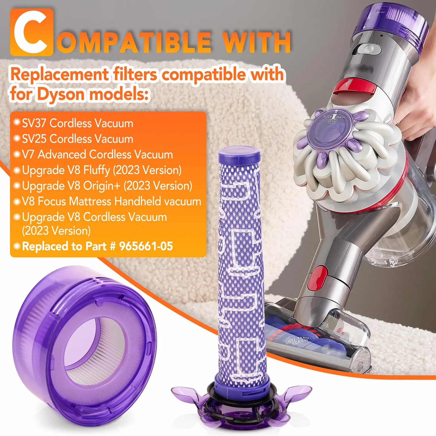 V7 V8 zestaw wymiennych filtrów próżniowych do Dyson Upgraded V8 FOCUS Mattress SV25 SV37, 3 filtry wstępne i 3 filtry HEPA nr 965661-05 & 967478-05