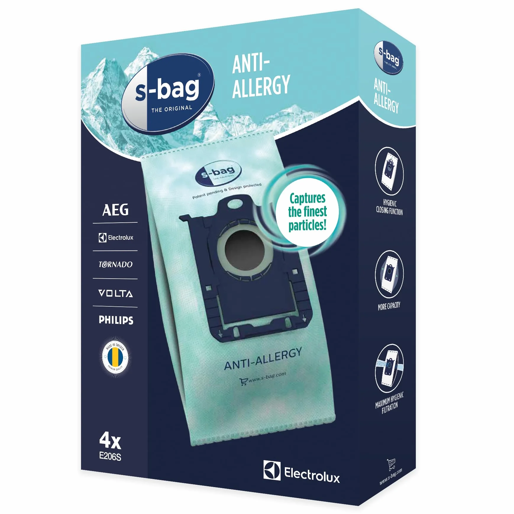 Electrolux E206S S-bag, Worki do odkurzaczy, Higieniczne worki do odkurzaczy antyalergiczne, skuteczna filtracja, pojemność 3,5 litra, trwały materiał syntetyczny, uniwersalne dopasowanie, 4 sztuki