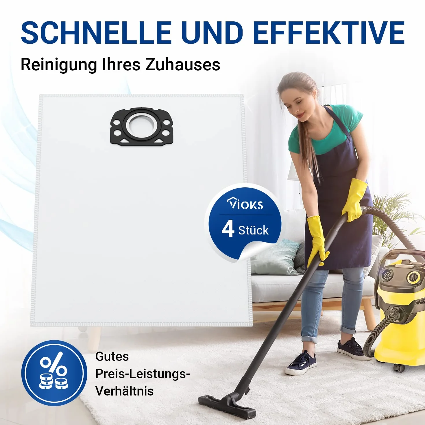 VIOKS 4 x worki do odkurzacza zamiennik do Kärcher 2.863-006.0 worki filtracyjne z włókniny KFI 487 - Kärcher worki filtracyjne z włókniny do odkurzacza Kärcher do odkurzaczy na mokro i sucho WD4 WD5