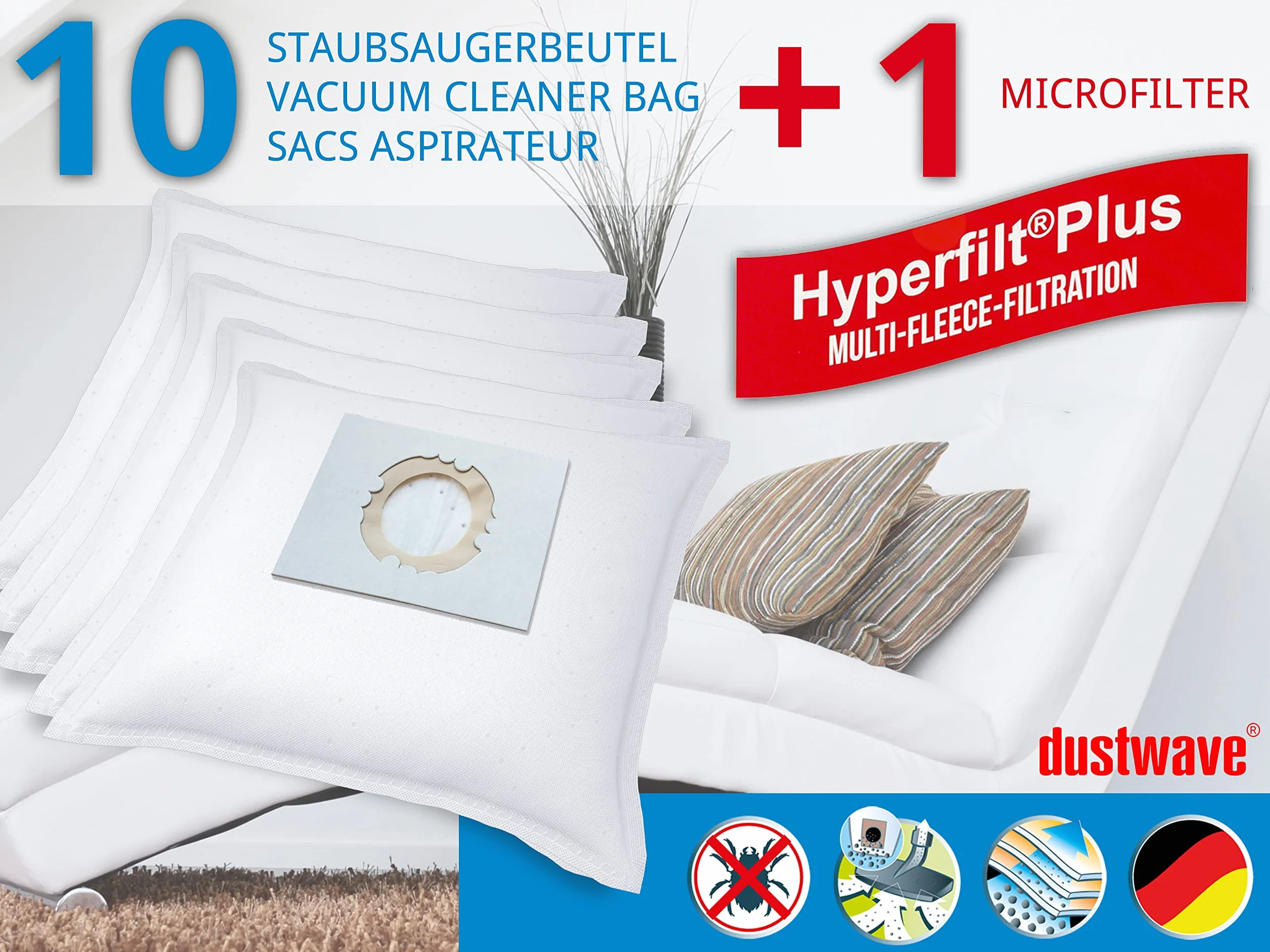 10 worków do odkurzacza pasujących do odkurzacza podłogowego Clatronic BS 1288, antracyt/zielony/dustwave® markowe worki do odkurzacza Made in Germany + w zestawie mikrofiltr