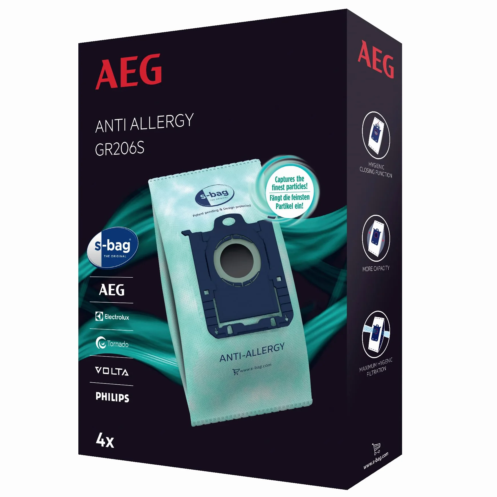 AEG GR206S s-bag antyalergiczny worek do odkurzacza (4 worki syntetyczne do odkurzacza, wysoka wydajność filtrowania, redukuje m.in. pyłki, roztocza i alergeny, idealny dla alergików, pasuje do AEG, Electrolux, Philips)