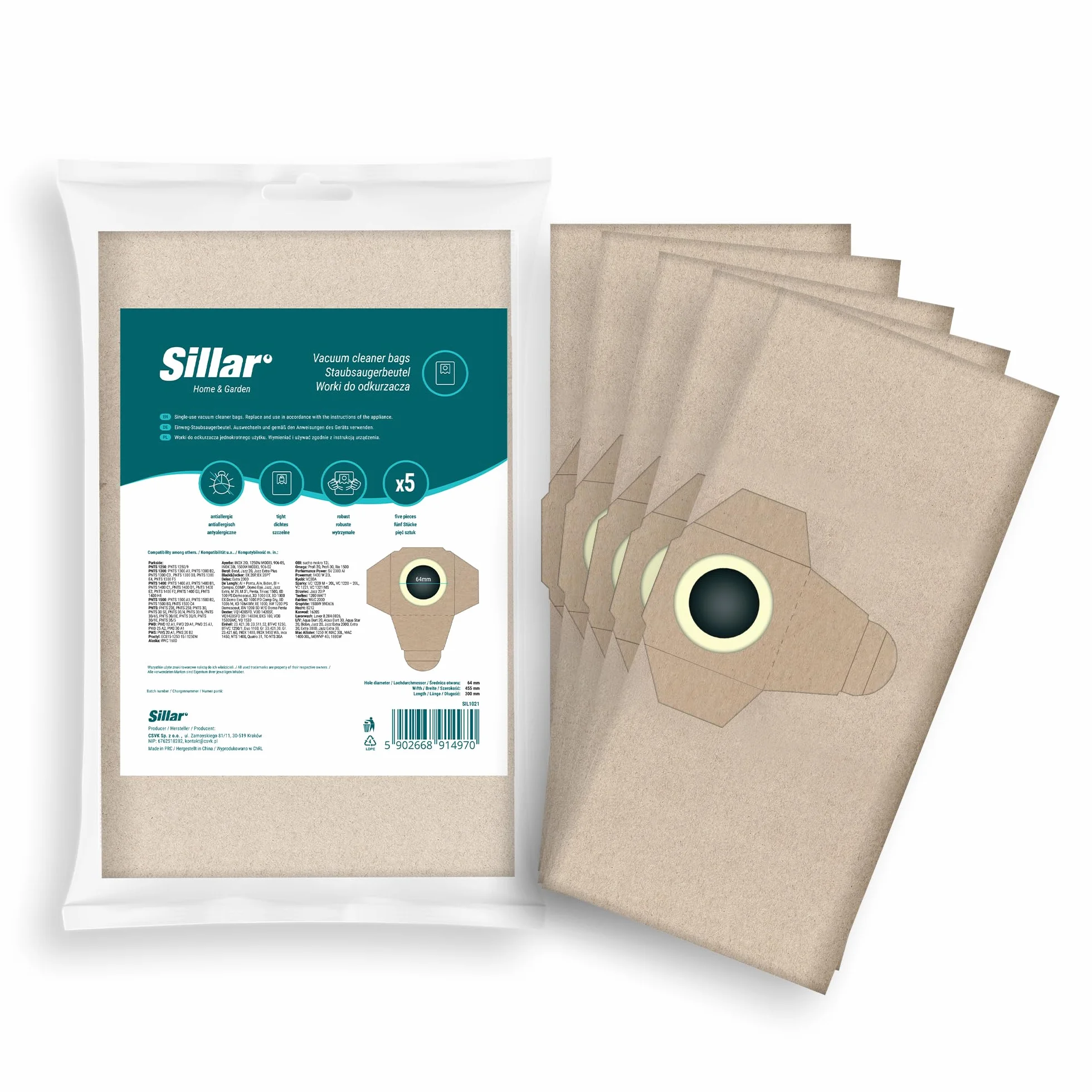 Sillar® Worki do odkurzaczy Parkside: PNTS 1300, 1400, 1500 A1, B1, B2, B3, C1, C3, D1, E2; Einhell: TH-VC 1930 SA, TE-VC 2230 SA; Grafit 59G606 Sparky VC1220 MacAllister 1250W (5 sztuk, papier)