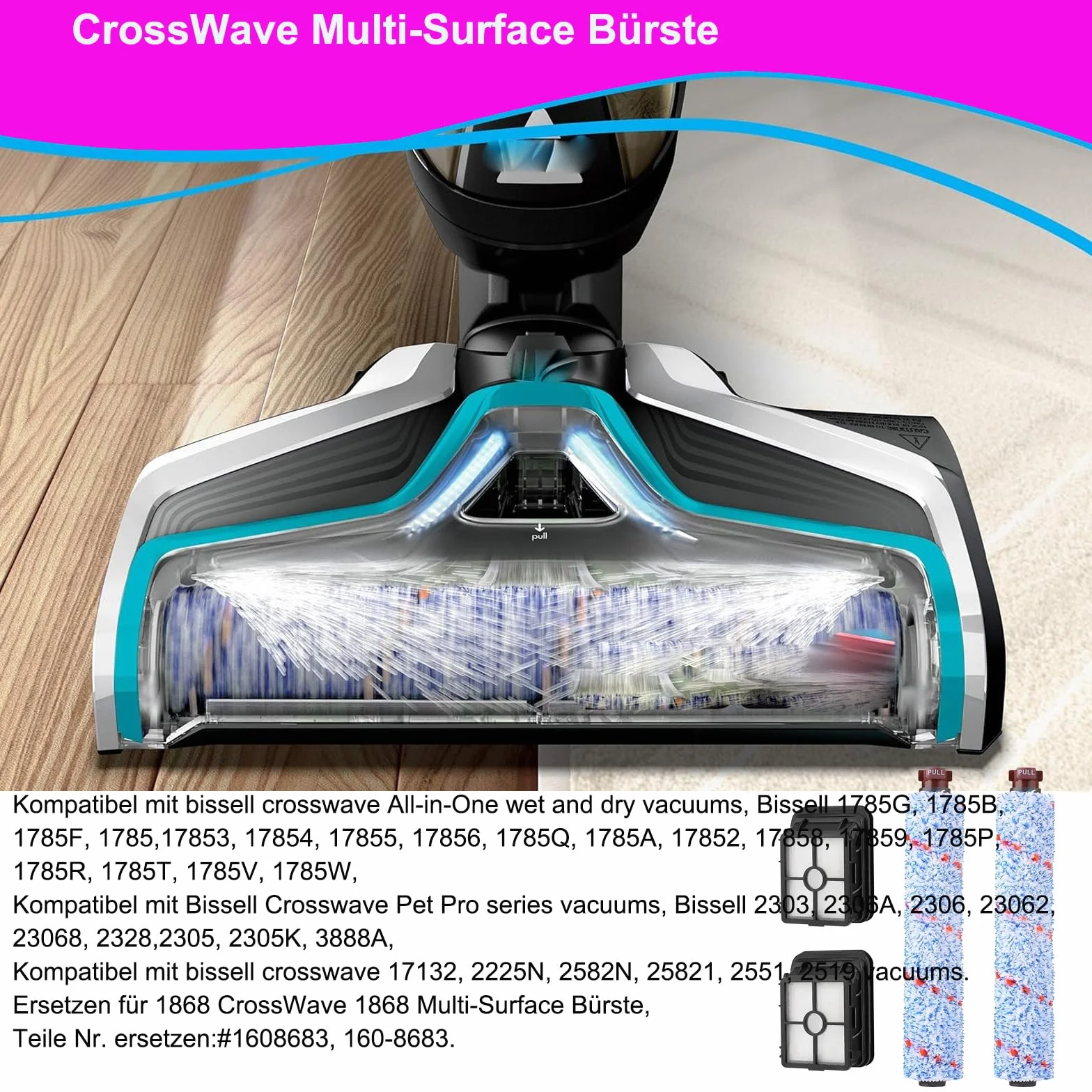 Zamienniki akcesoria do Bissell CrossWave 17132, 1785, 2551, 2225N, 25821, 2519, 2582N, 3-w-1 1868F szczotka wielofunkcyjna i 1866 filtr odkurzacza dla Bissell, zastępczy element nr 161-3568, 1608684.
