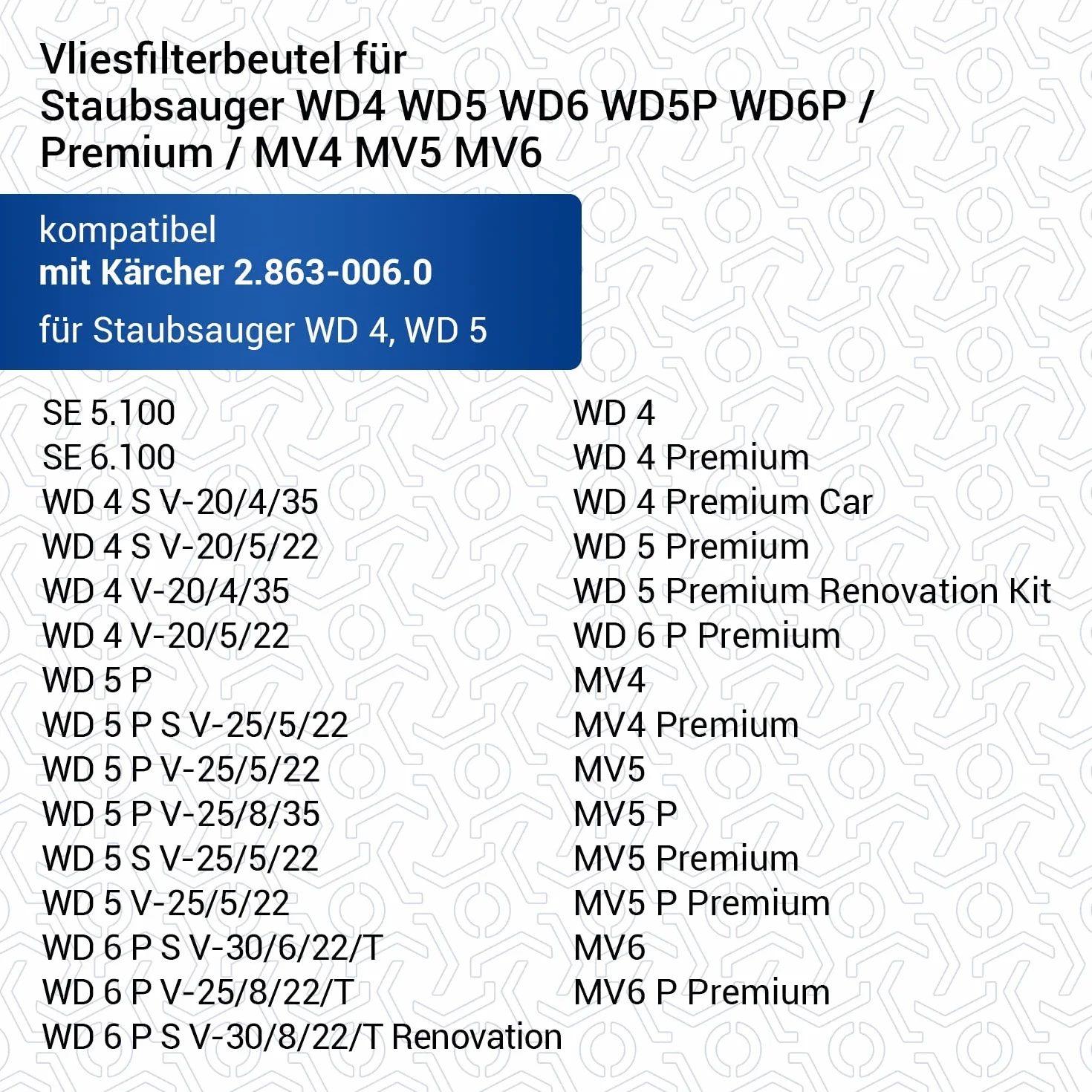 VIOKS 4 x worki do odkurzacza zamiennik do Kärcher 2.863-006.0 worki filtracyjne z włókniny KFI 487 - Kärcher worki filtracyjne z włókniny do odkurzacza Kärcher do odkurzaczy na mokro i sucho WD4 WD5