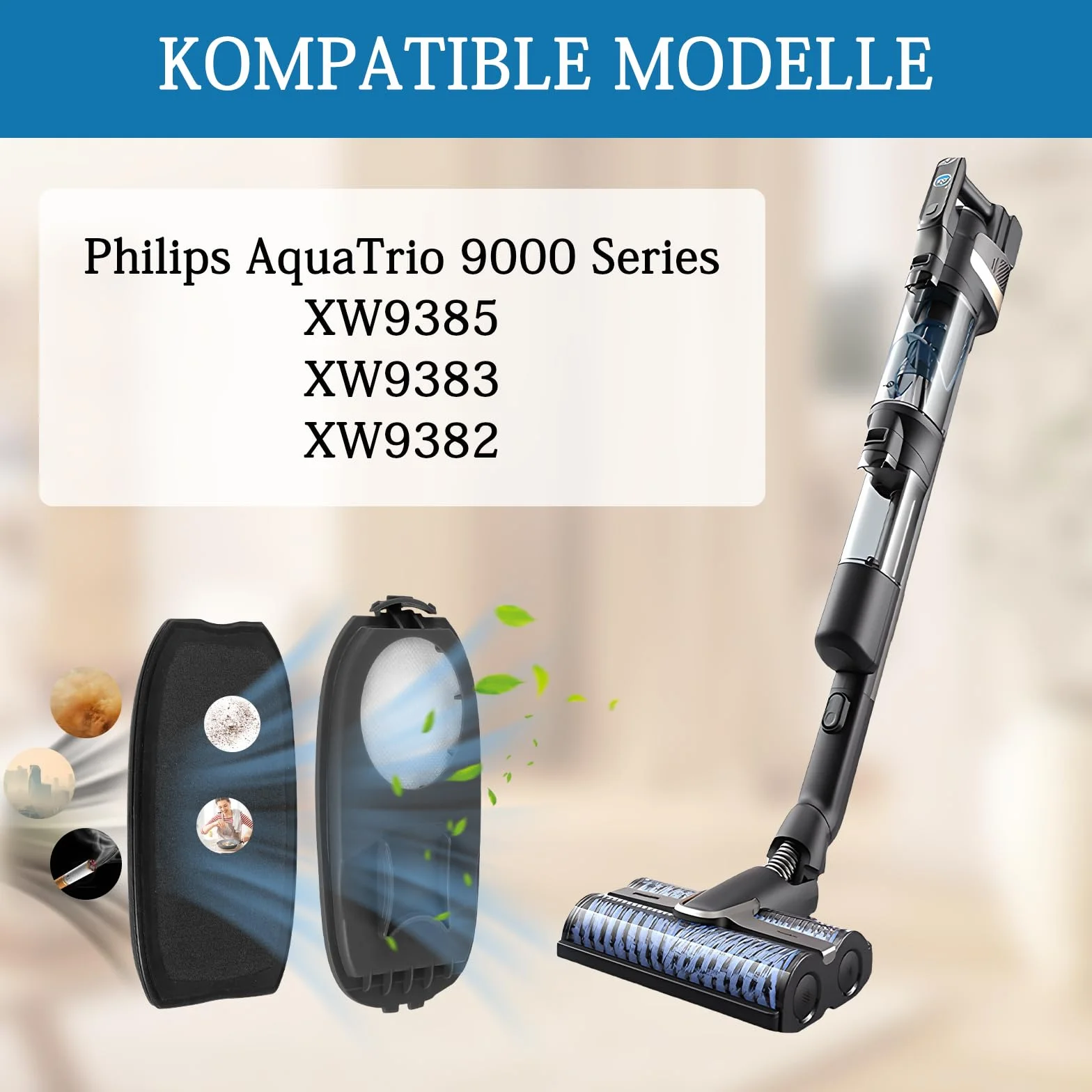 2 sztuki akcesoriów do filtrów Kompatybilne z PHILIPS AquaTrio 9000 Series XW9383 XW9385 XW9382, Zamiennik filtra do AquaTrio bezprzewodowego, części do odkurzaczy, filtrowane, zmywalne, części do