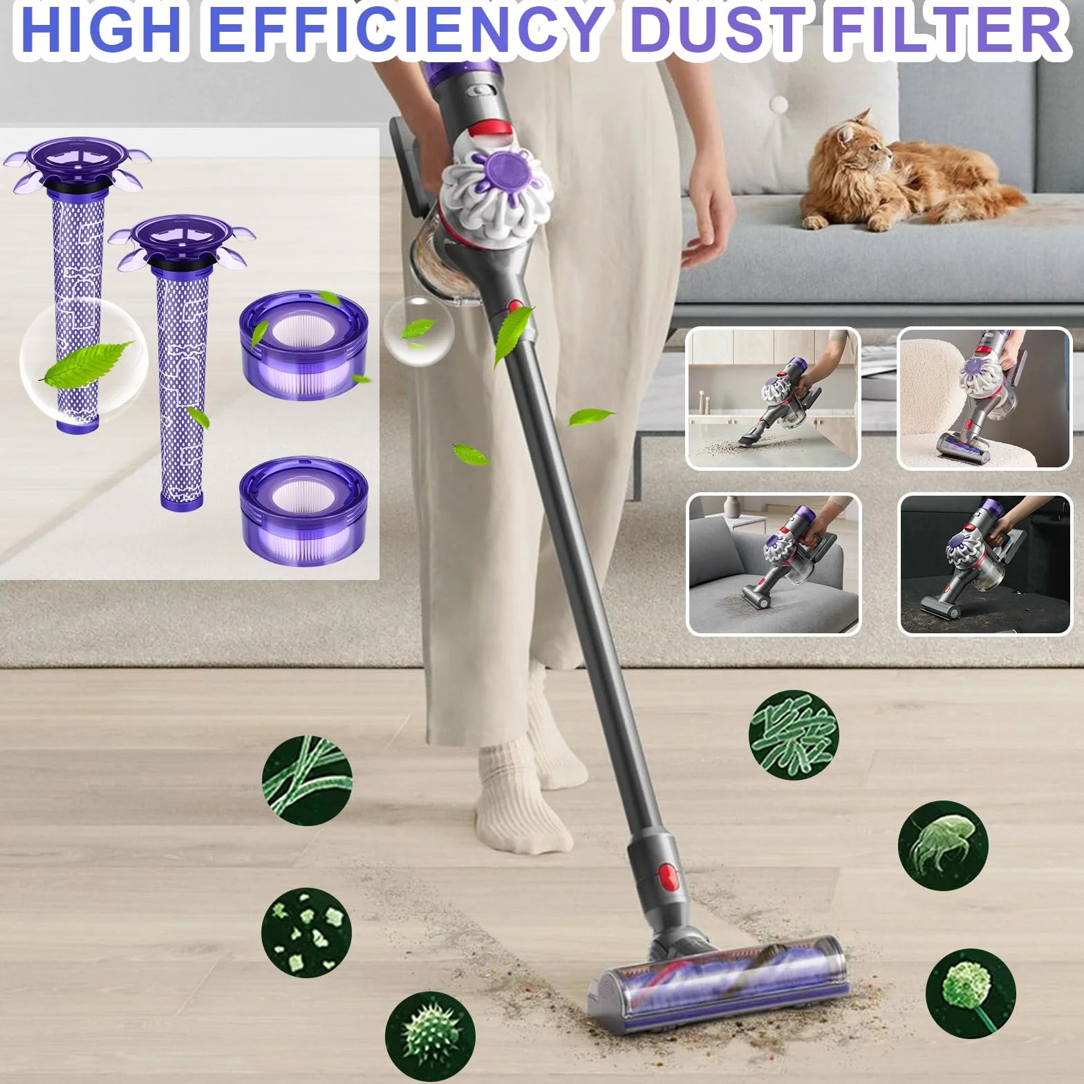 Filtr do odkurzacza Dyson V8 – 5 szt. (2 filtry HEPA + 2 filtry wstępne + 1 szczotka) – kompatybilny z Dyson V8 Animal/Absolute/Motorhead – model 965661-05/967478-05