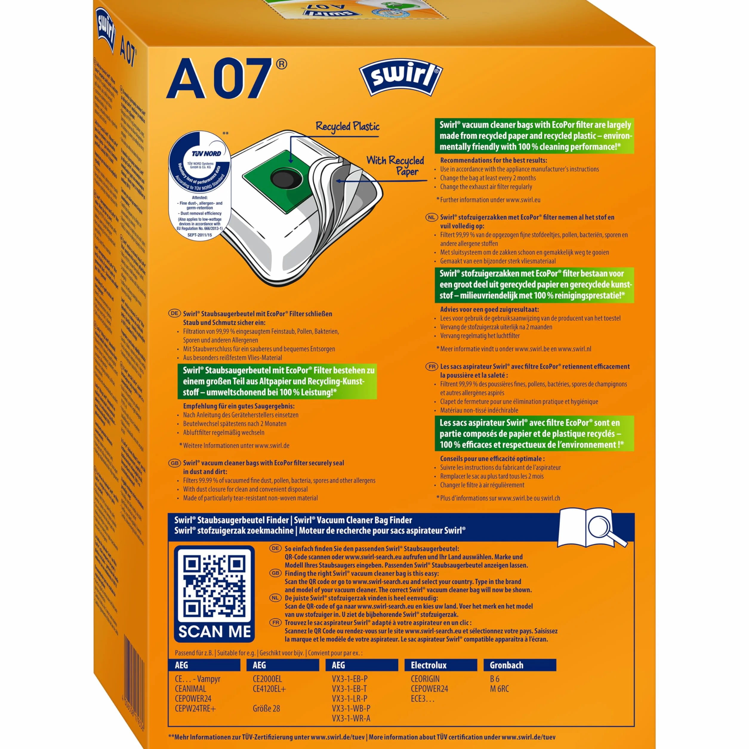 Swirl A 07 MicroPor Plus worki do odkurzacza AEG, Electrolux, Progress, Volta, filtr antyalergiczny, 4 sztuki z filtrem, biały/bogaty ogród